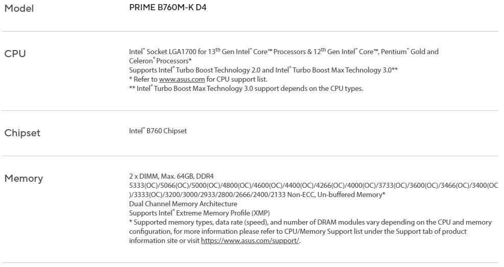 ASUS PRIME B760M-K D4 motherboard - LGA1700 Socket - DDR4 (2 x DIMM) - mATX - 90MB1DS0M1EAY0
