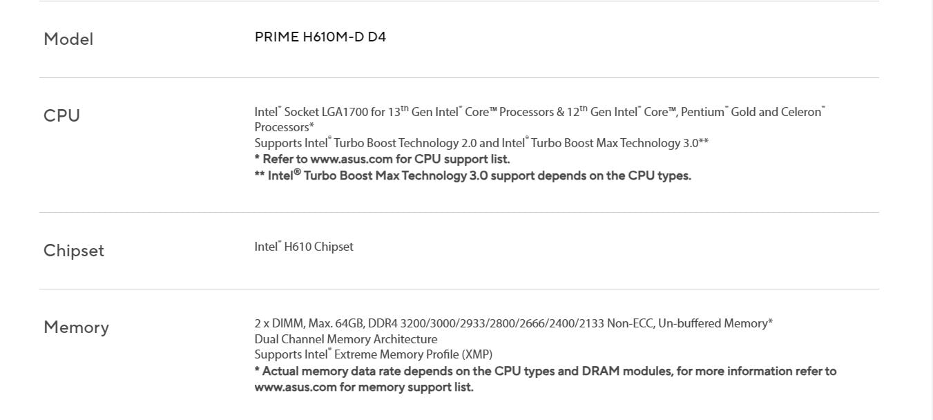 ASUS PRIME H610M-D D4 motherboard - LGA1700 Socket - DDR4 (2 x DIMM) - mATX 