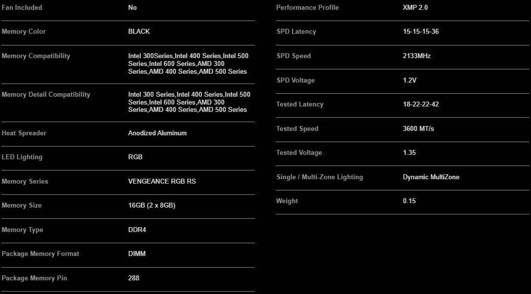 CORSAIR VENGEANCE 16GB (2 x 8GB) DDR4 RAM Kit - 3600MHz - C18 - CMG16GX4M2D3600C18