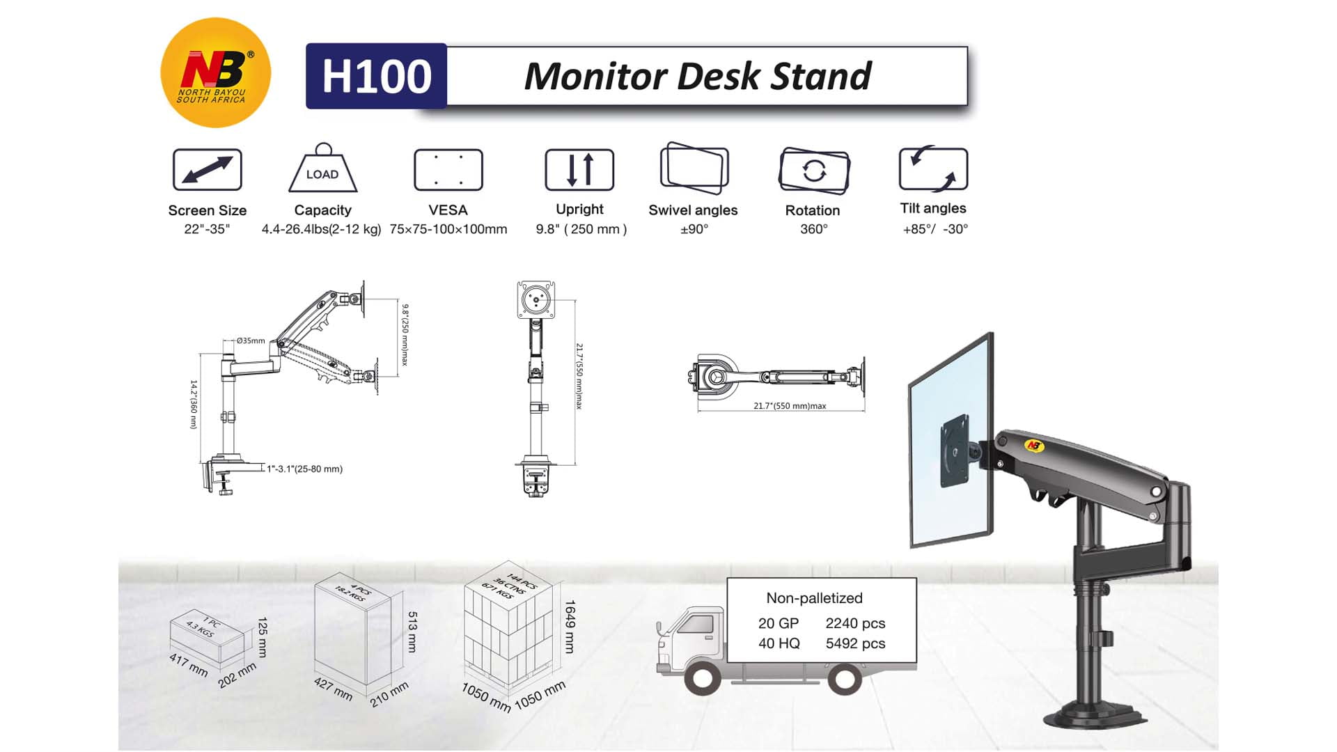 NB North Bayou Swivel Monitor Desk Mount For 22″-35″ Screens [ H100 ]