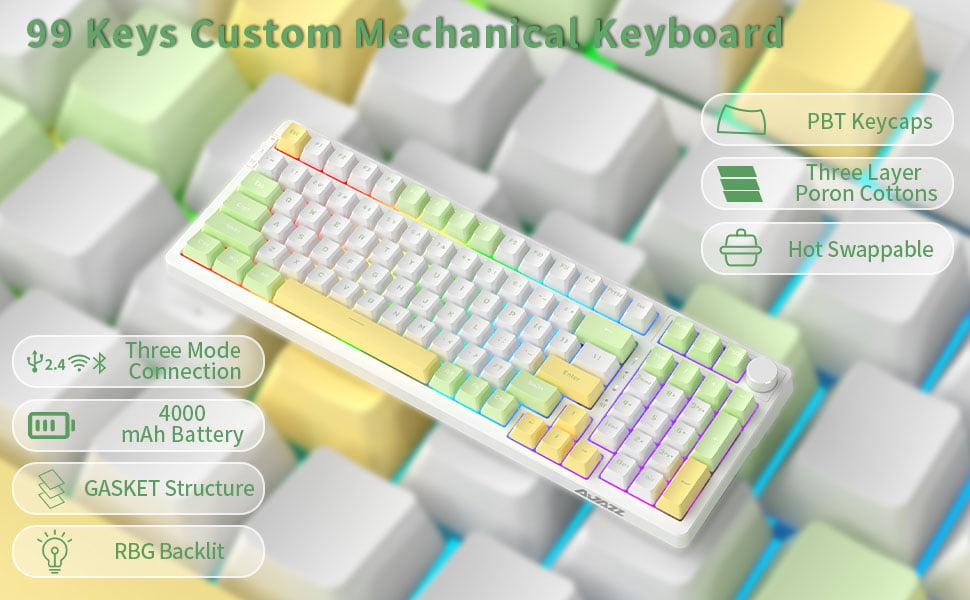 Ajazz AK992 Spring Green RGB Mechanical Keyboard (Red Switch / Bluetooth / Wireless / USB-C Wired) [ AK992 ]