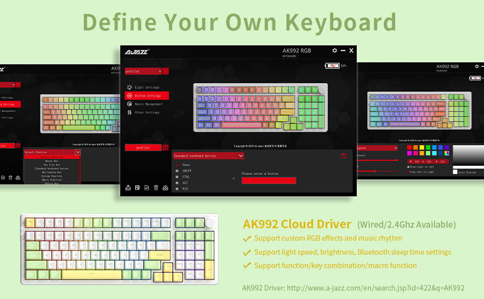 Ajazz AK992 Spring Green RGB Mechanical Keyboard (Red Switch / Bluetooth / Wireless / USB-C Wired) [ AK992 ]