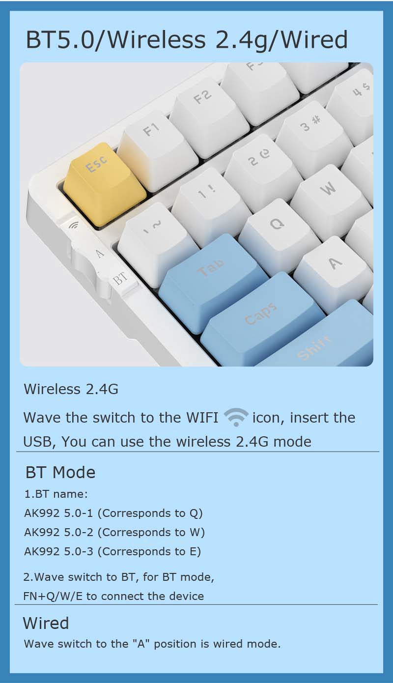 Ajazz AK992 Summer Blue RGB Mechanical Keyboard (Red Switch / Bluetooth / Wireless / USB-C Wired) [ AK992 ]