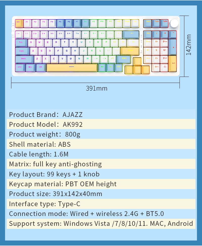 Ajazz AK992 Summer Blue RGB Mechanical Keyboard (Red Switch / Bluetooth / Wireless / USB-C Wired) [ AK992 ]