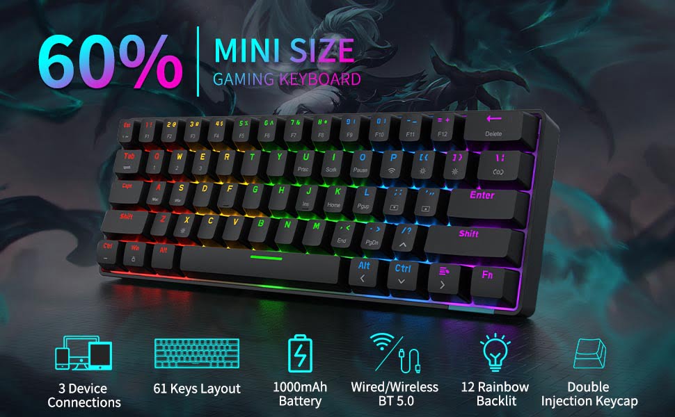 Ajazz STK61 60% Mechanical Keyboard (Black / Brown Switch / Wireless / Bluetooth / Wired) [ STK61 ]