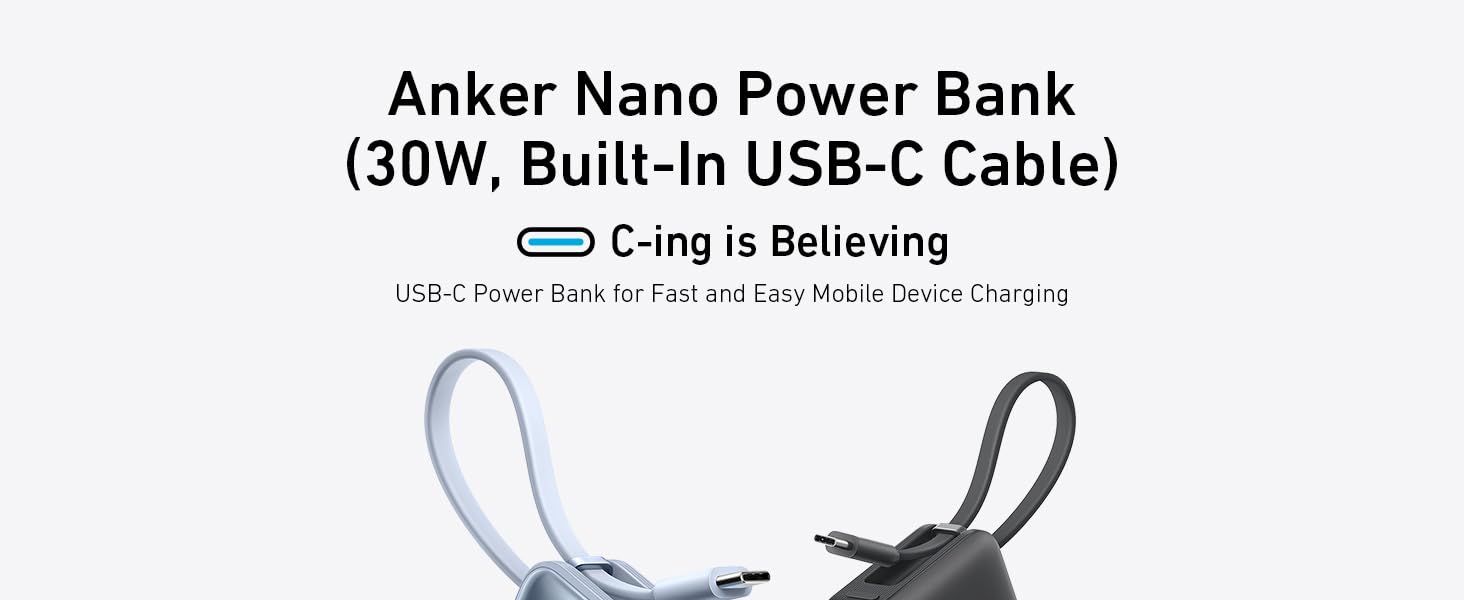 Anker Nano Power Bank 10000 mAh (30W / Built-In USB-C Cable / Intelligent Display / Black Stone) [ A1259H11 ]