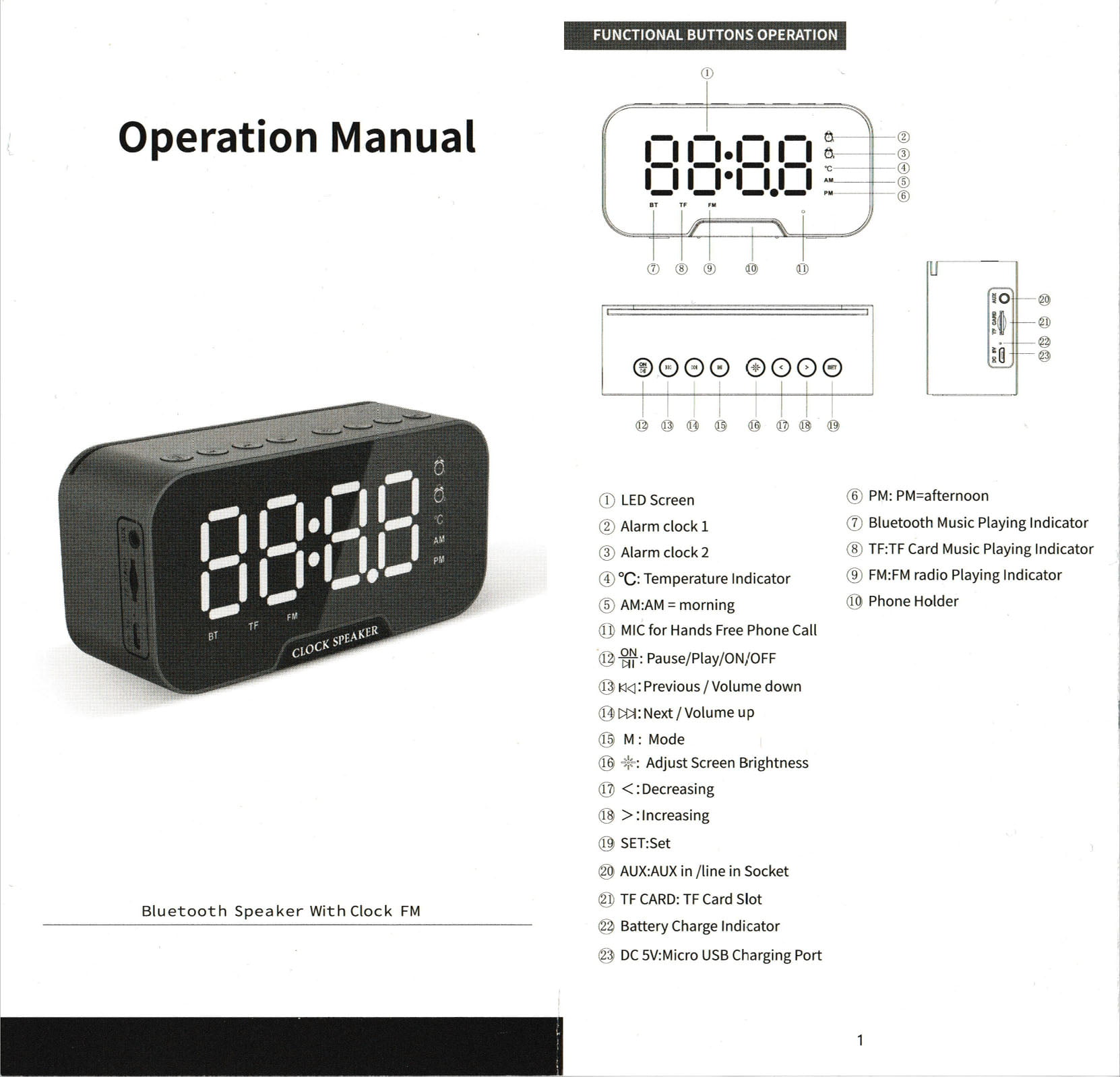 Clock Mirror Led Speaker (Bluetooth 5.0 / FM Radio / Thermometer / Alarm Clock / AUX / microSD) [ D-88 ]
