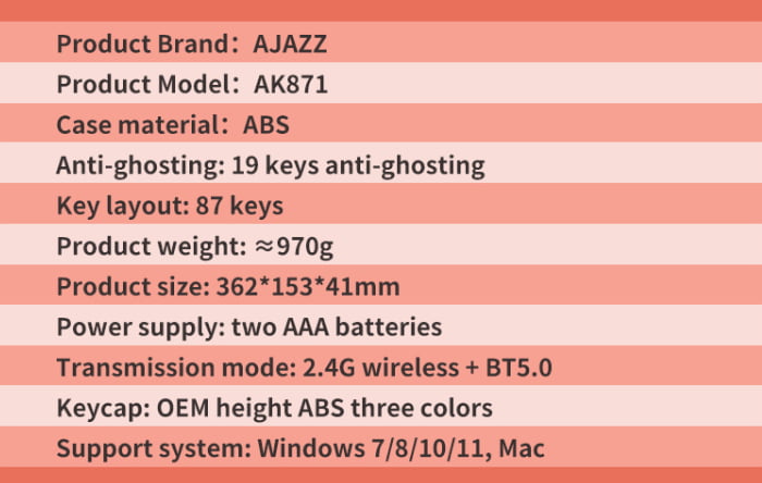 Ajazz AK871 Wireless and Wired Hot Swap Mechanical Keyboard - pink color - blue switch 