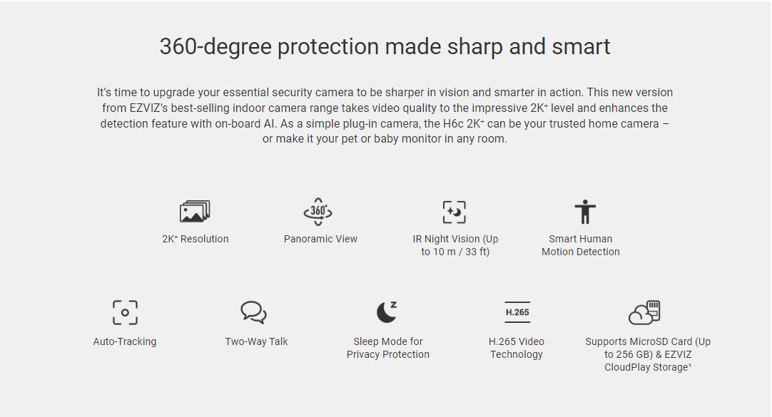 EZVIZ H6c 2K⁺ pan and tilt smart home camera - 4MP (2560×1440) - Supports microSD card (Up to 256 GB)