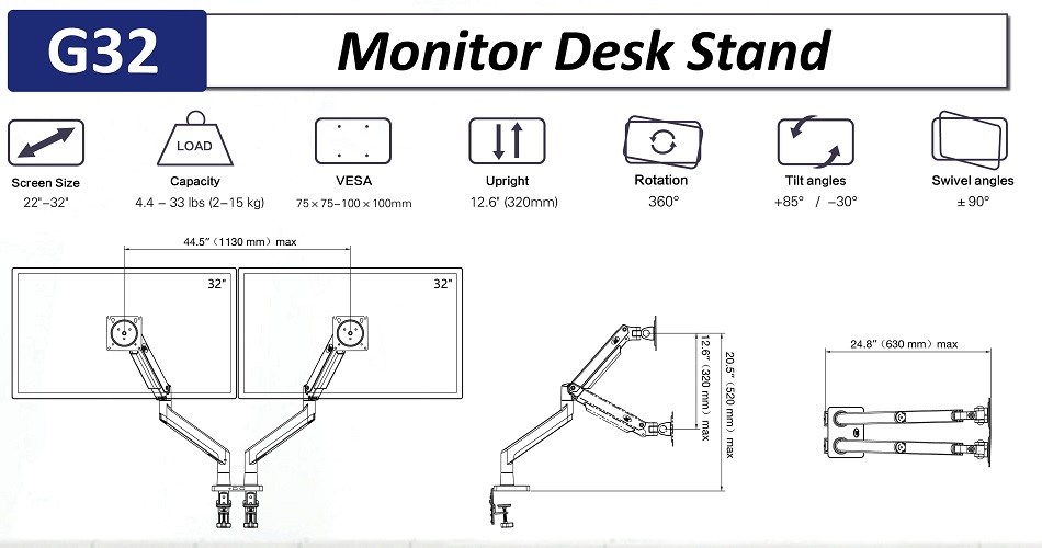 NB North Bayou Desk Mount Dual Monitor Stand Gas Spring for 22" to 32" [ G32 ]