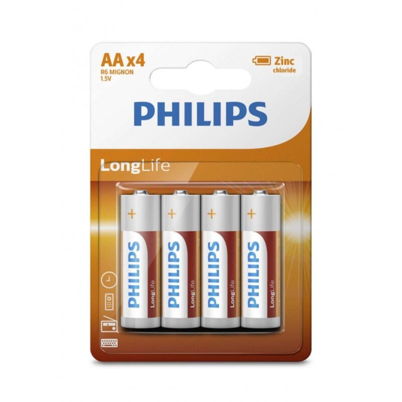 Philips long life AA Batteries - 4 packs - Zinc Chloride 