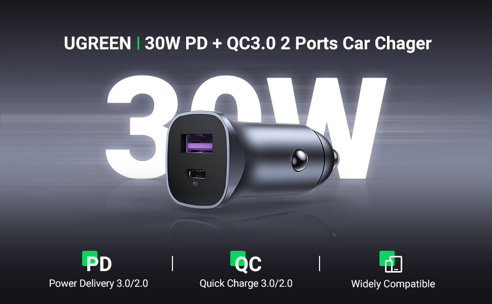 UGREEN Dual Port Car Charger (30w / USB-A + USB Type-C / Aluminum Alloy Case) [ CD130 | 40858 ]