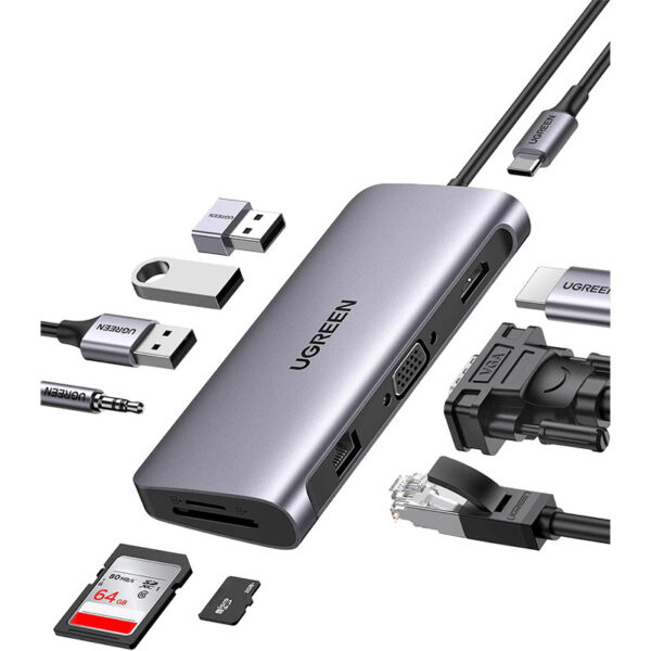 UGreen 10-in-1 USB-C Multifunction Adapter (3x USB-A 3.0 / AUX 3.5mm / Type-C / SD TF Card / HDMI / VGA / RJ45) [ 80133 ]