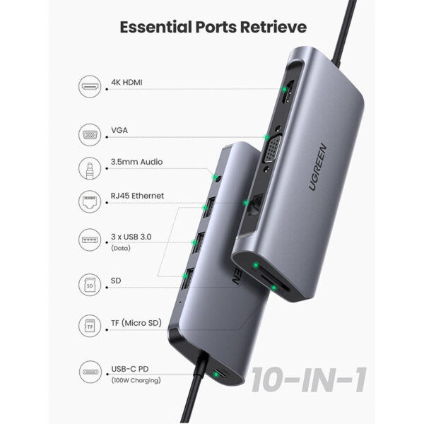 UGreen 10-in-1 USB-C Multifunction Adapter (3x USB-A 3.0 / AUX 3.5mm / Type-C / SD TF Card / HDMI / VGA / RJ45) [ 80133 ]