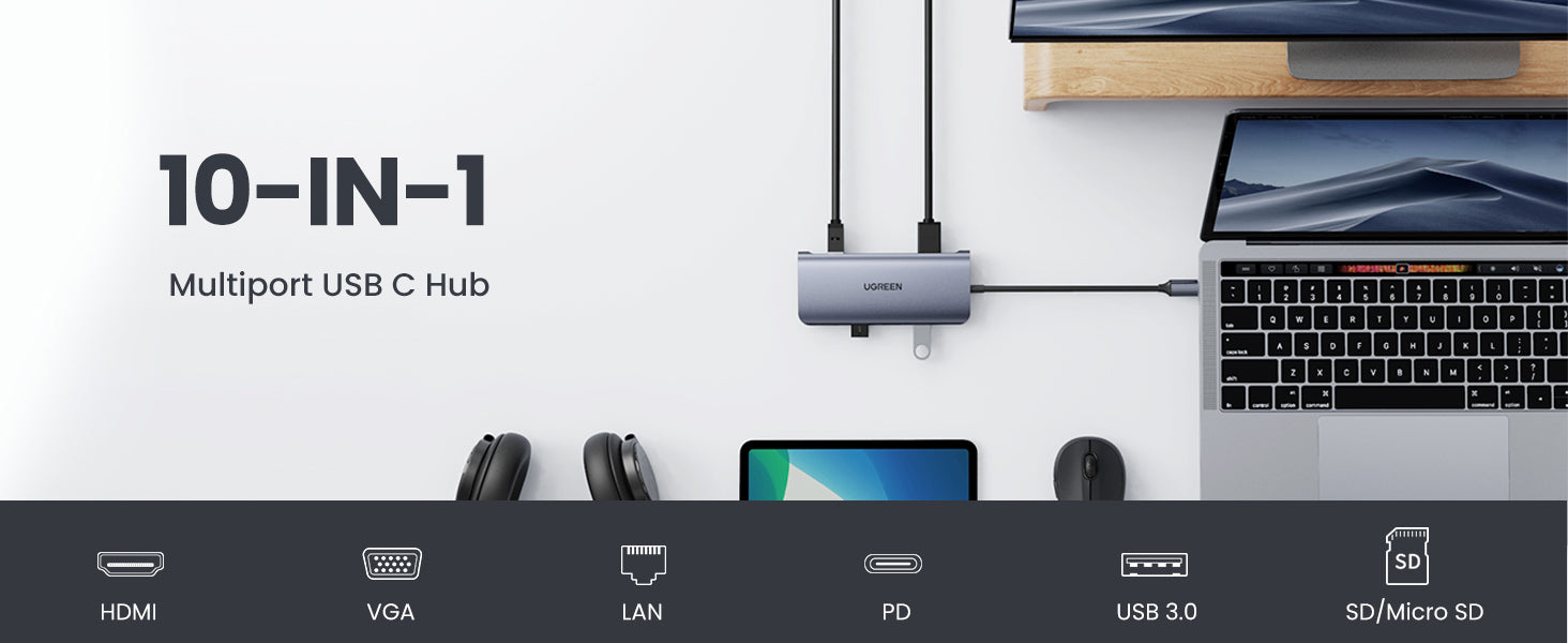UGreen 10-in-1 USB-C Multifunction Adapter (3x USB-A 3.0 / AUX 3.5mm / Type-C / SD TF Card / HDMI / VGA / RJ45) [ 80133 ]