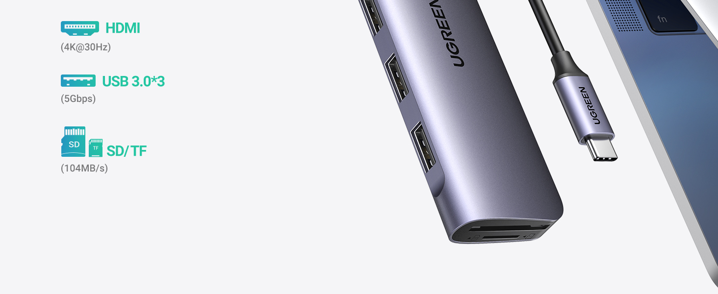 UGreen 6 in 1USB-C Multifunction Adapter (3 x USB-A / HDMI / 1 x SD Card Slot / 1 x TF Card Slot / CM195) [ 70410 ]