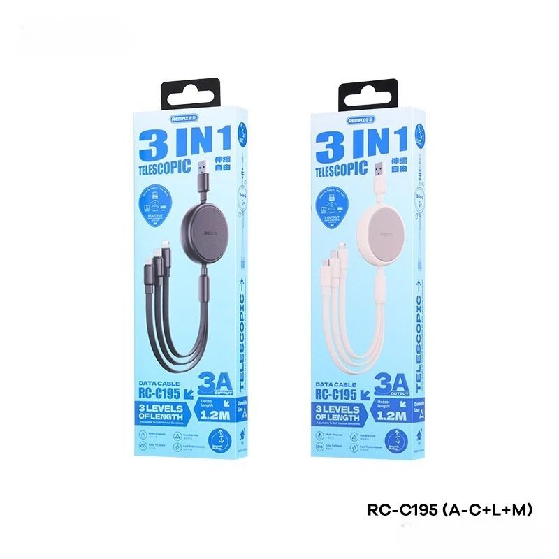 REMAX Telescopic 3A Retractable 3-in-1 Charger 120cm Cable RC-C195 – ( USB to iPhone,Type C, Micro )
