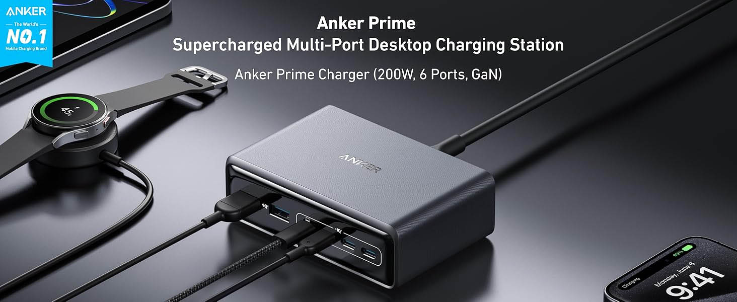 Anker Prime Charger (200W / 6-Ports / GaN) Supercharged Multi-Port Desktop Charging Station [ A2683341 ]