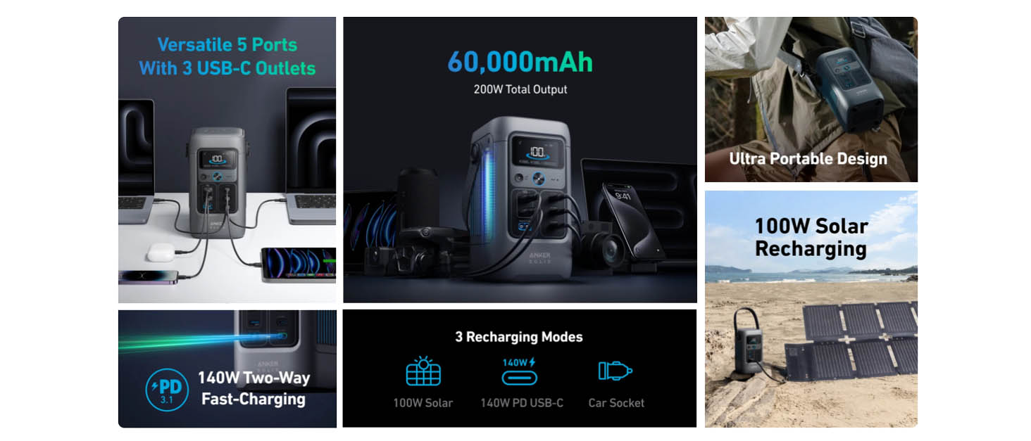 Anker SOLIX C200 DC (60000mAh (192Wh) / 200W) Portable Power Station [ A17270Z1 ]