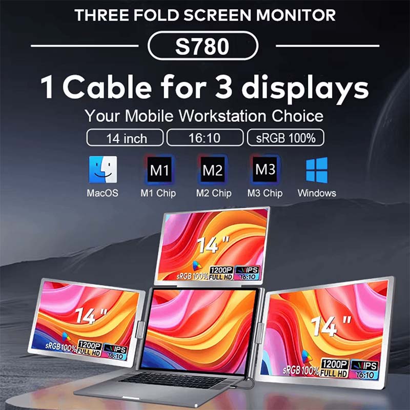 14″ Portable Tri-screen Monitor for Laptop (IPS / 1080P / Type-C) [ S780 ]