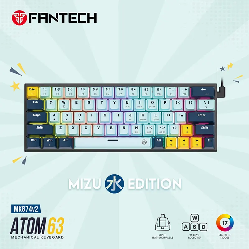 1111 fantech atom63 mk874v2 mechanical gaming keyboard – mizu series sky blue - Image 1