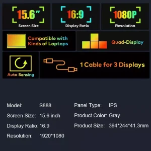 Monitors 15.6 Inch 2 Screens One Cable Metal+Plastic