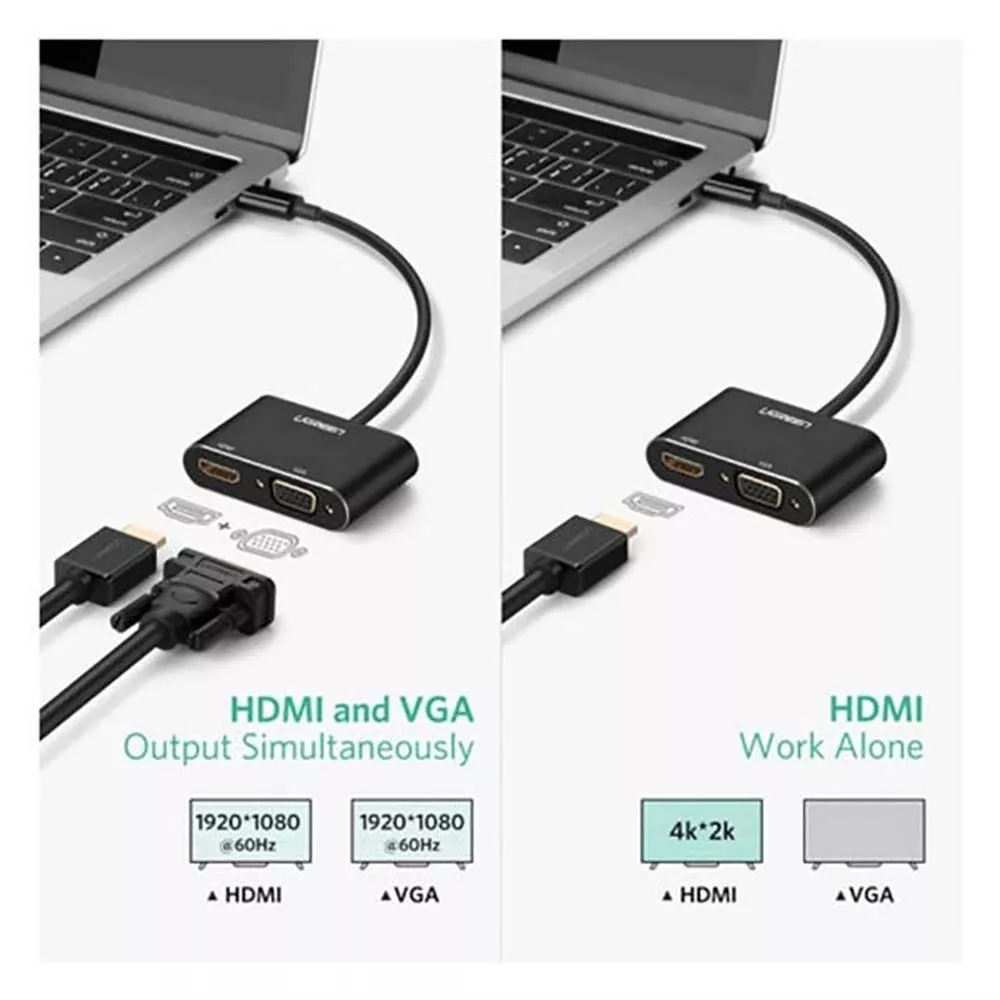 It supports resolutions up to 4K UHD for HDMI and 1080p for VGA, ensuring the highest image quality